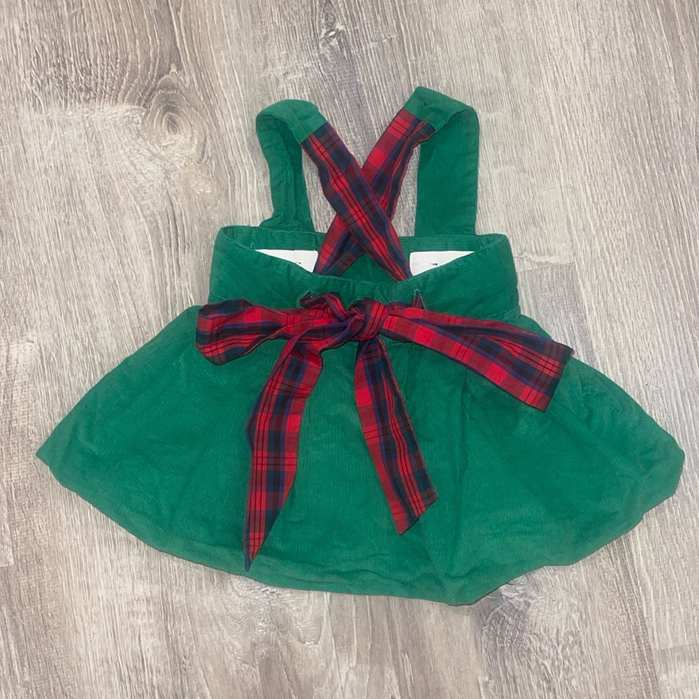 The Beaufort Bonnet Company Green Corduroy Christmas Dress with Red Plaid Bow